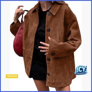 Faux Suede Leather Boyfriend Shacket Coat Long Sleeve Button Down